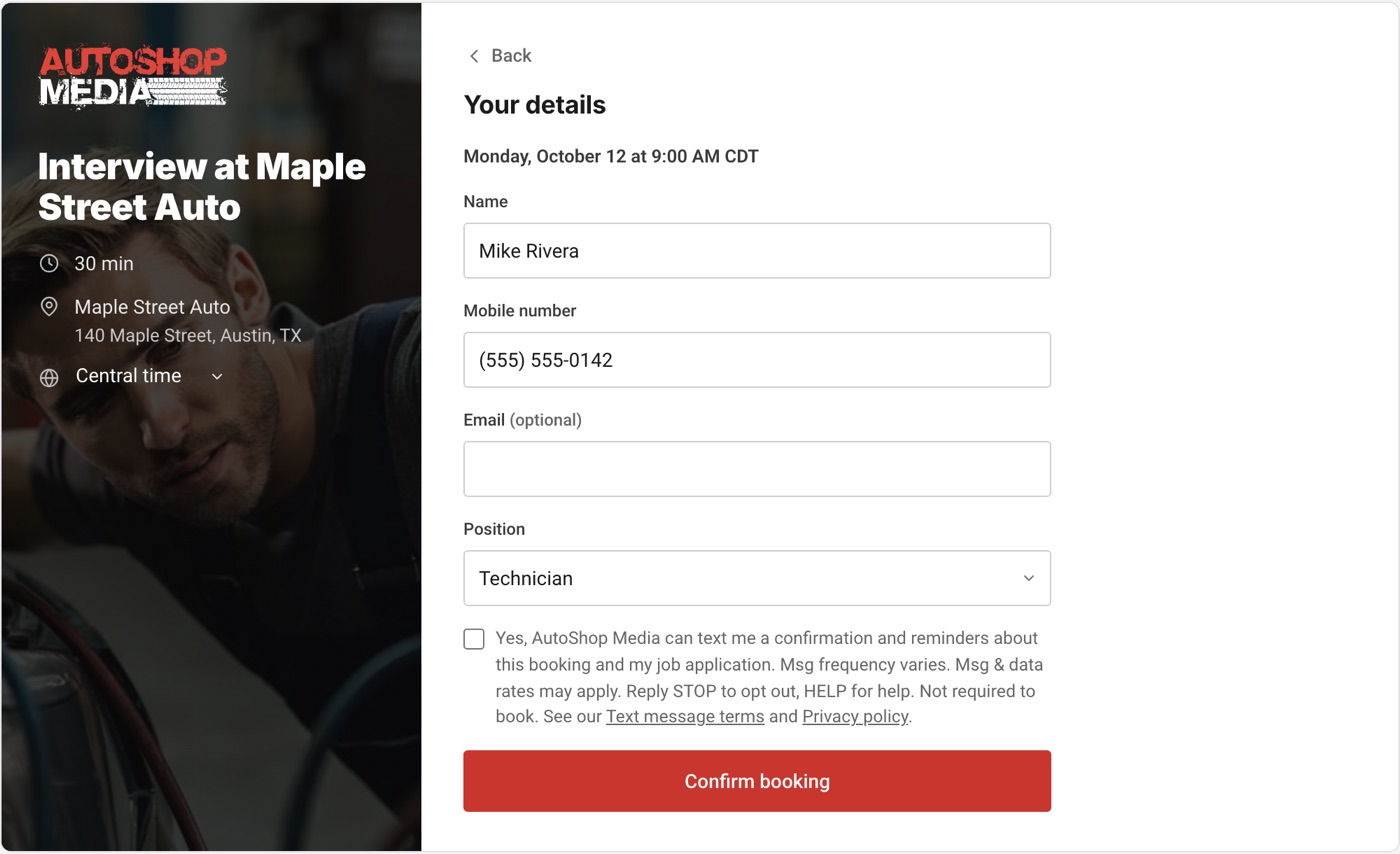 The booking page form with name, mobile number, email, position and the unticked text message box
